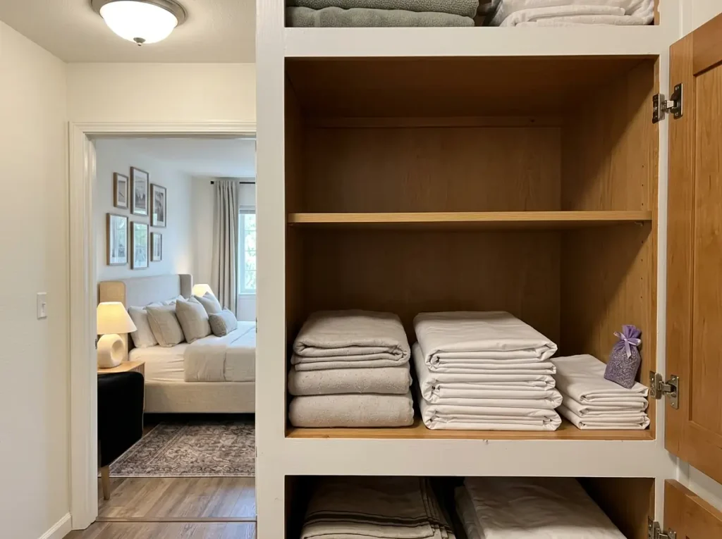 Two folded sheet sets on a linen shelf, one worn microfiber and one crisp cotton percale
