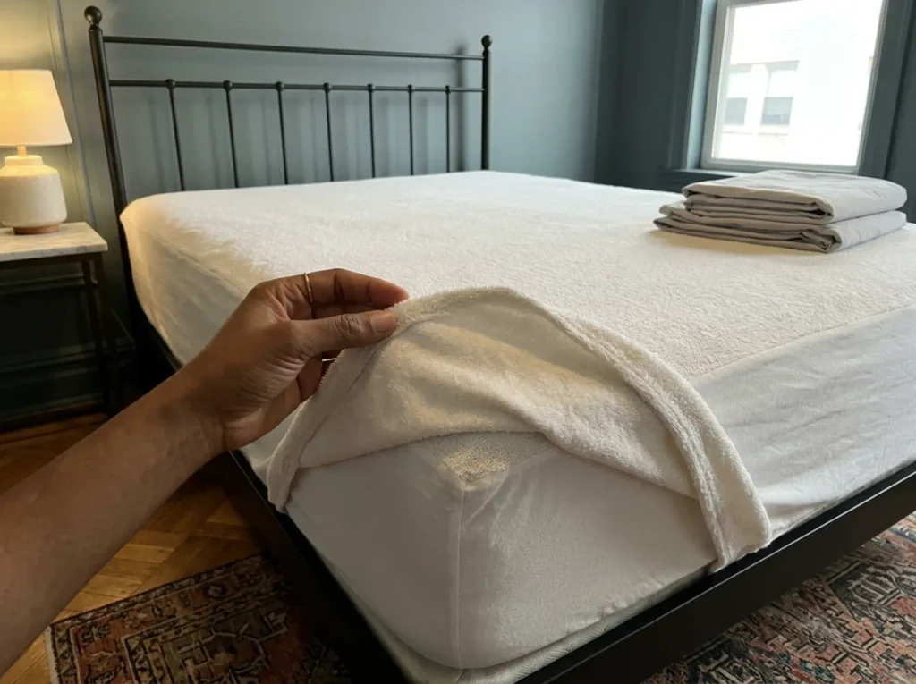A cotton terry mattress protector turned back at the corner to show its breathable backing