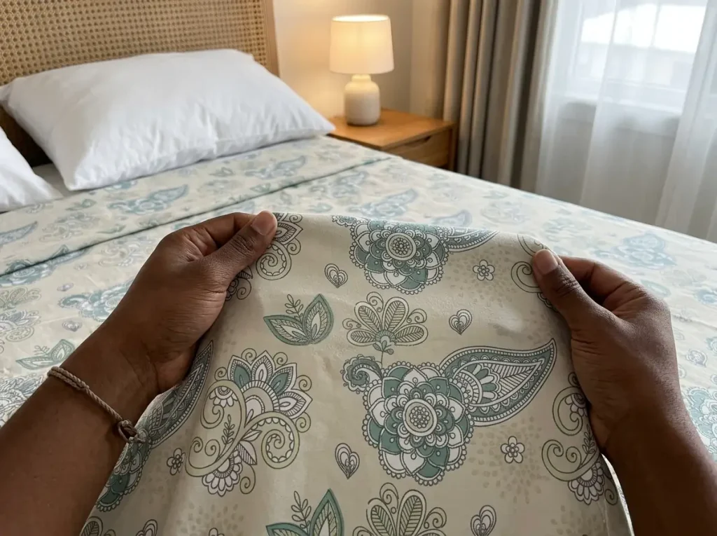 A patch of percale sheet pulled taut under a lamp to check the weave for pilling