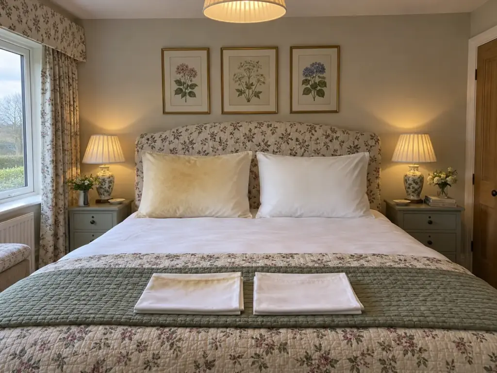 Two bare pillows propped side by side on one bed, one deeply yellowed and the other still pale