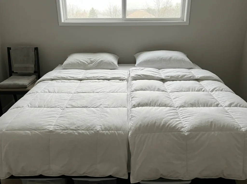 A guest bed made with two separate duvets side by side, one thinner than the other, sharing one fitted sheet