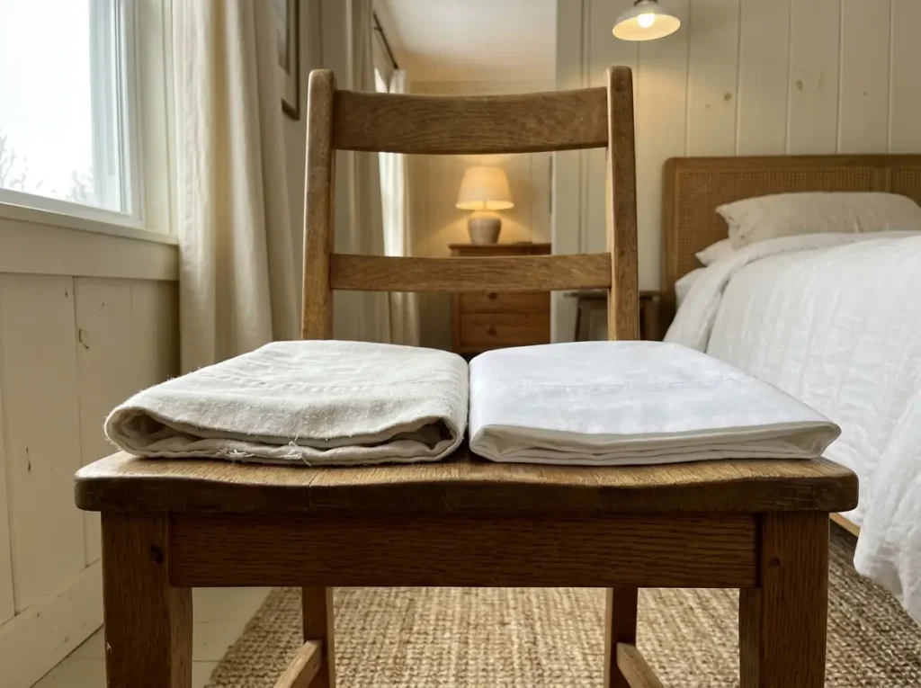 Two folded cotton sheets on a chair seat, one hem worn and pilled, one still crisp