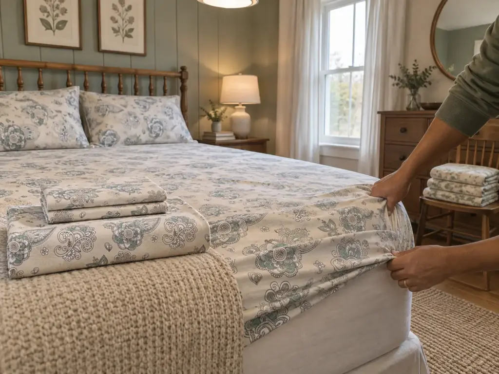 A new cotton percale fitted sheet being pulled over a tall mattress, the old set folded on a chair