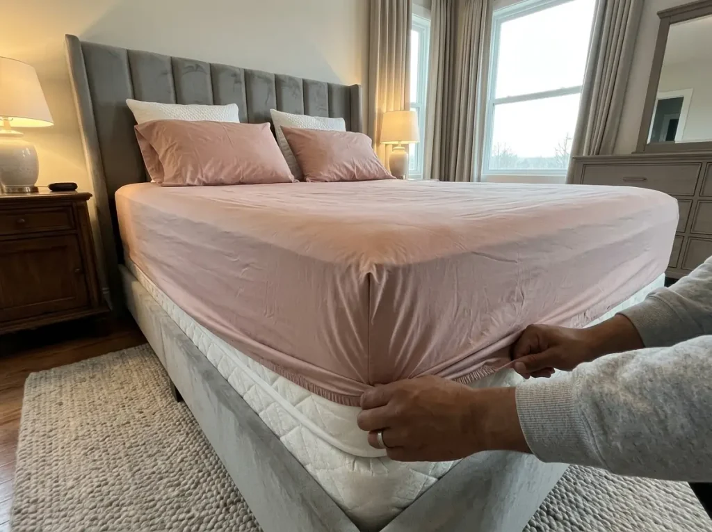 Hands stretching a washed cotton fitted sheet over the corner of a tall mattress with a topper