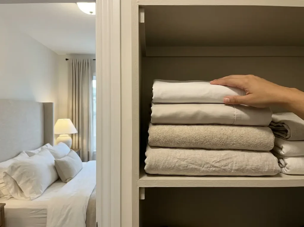 Folded sheet sets stacked on a closet shelf, the fabrics clearly different from one another