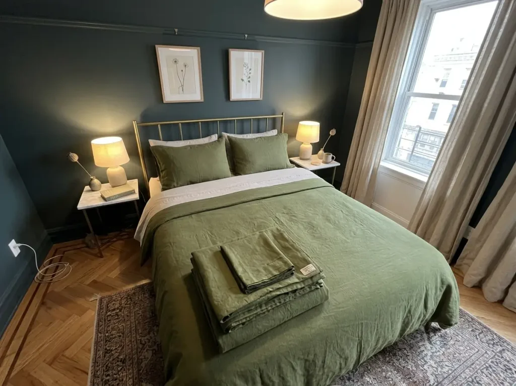 A new organic French linen sheet set squared on a made bed, ready to go on
