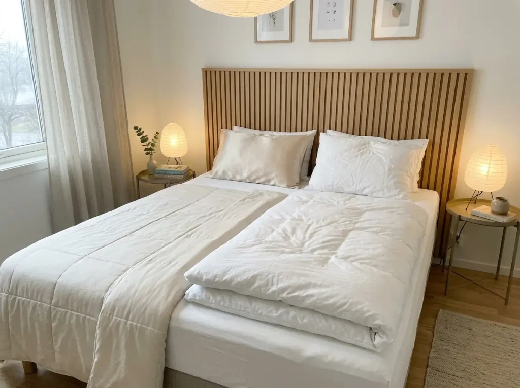 One bed made up with a silk pillowcase on one side and a cotton one on the other