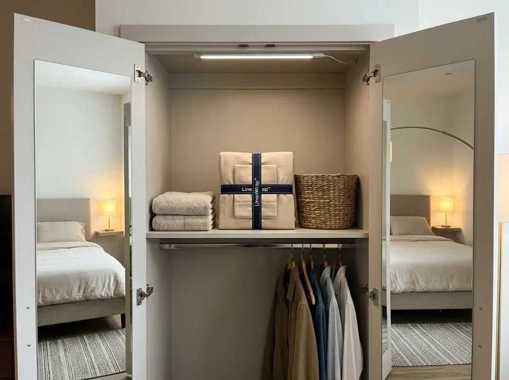 A spare microfiber sheet set folded on a closet shelf beside a stack of guest towels