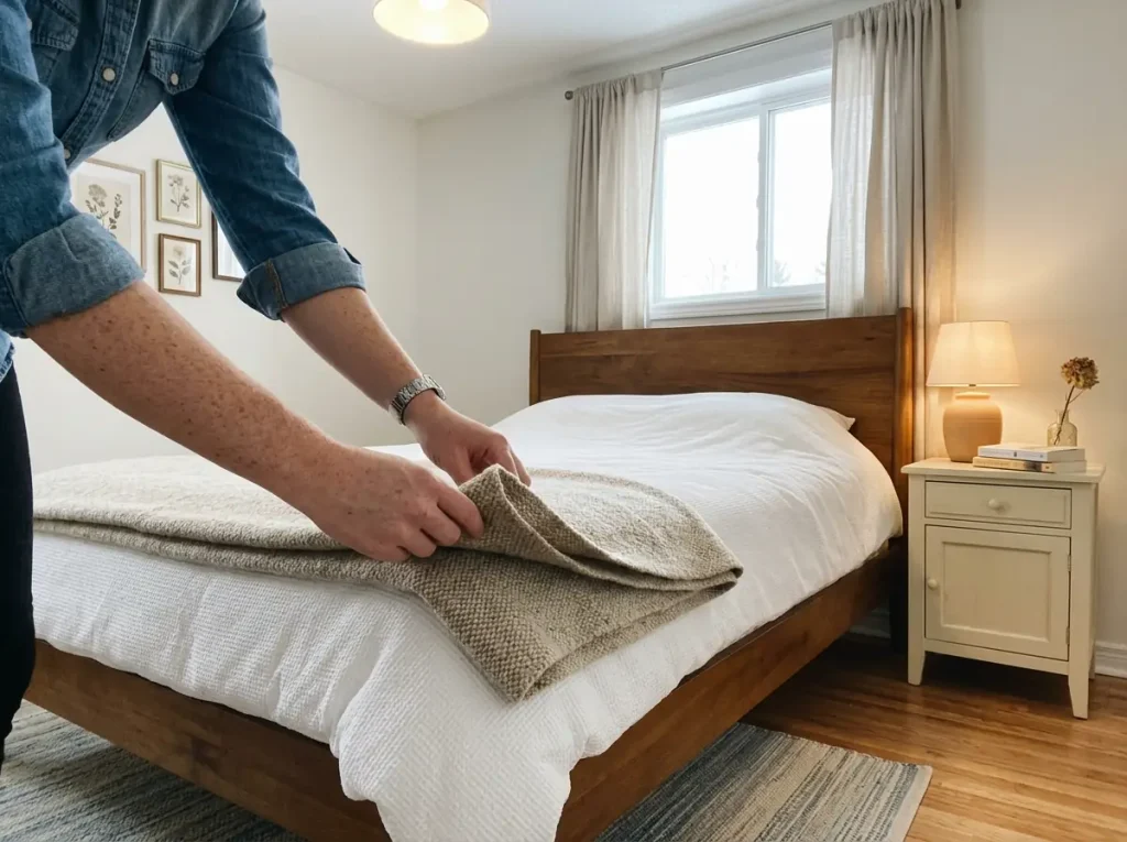 Hands folding a blanket in half across the lower half of a made bed so it stays put overnight
