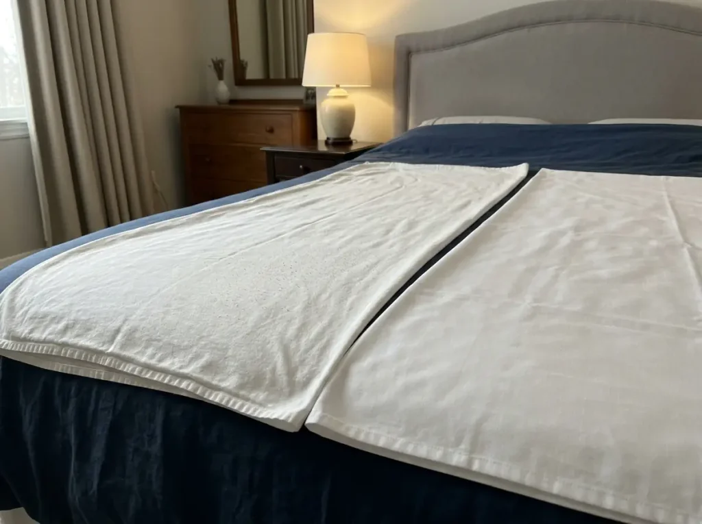 A well-washed white cotton sheet folded open beside a newer one, wear visible at the hem