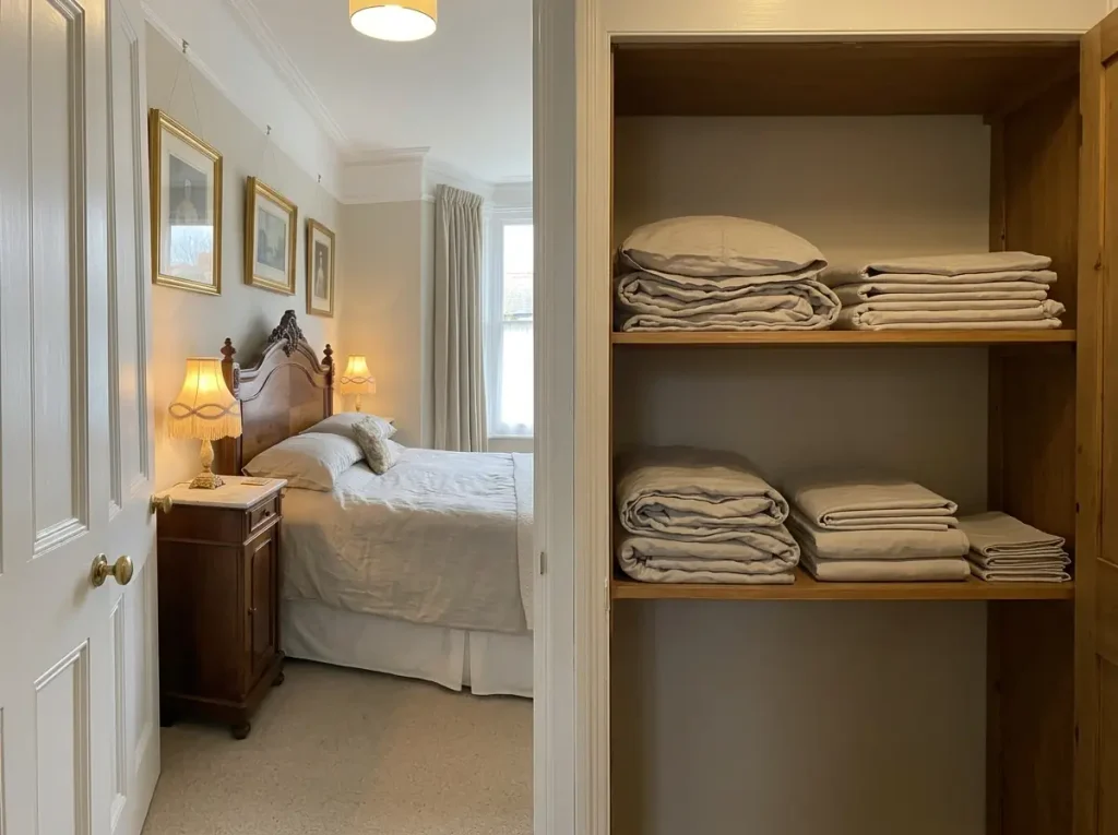 A two-year-old linen set folded beside a new one on a cupboard shelf, showing how each falls