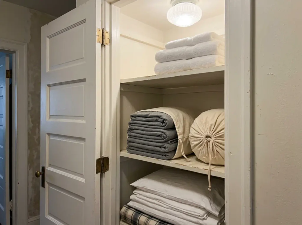 Folded off-season bedding stored in a breathable cotton bag on a lit linen closet shelf