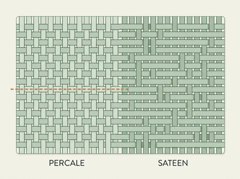 Single panel diagram showing an air path moving freely through percale's grid and stopping dead at the sateen boundary