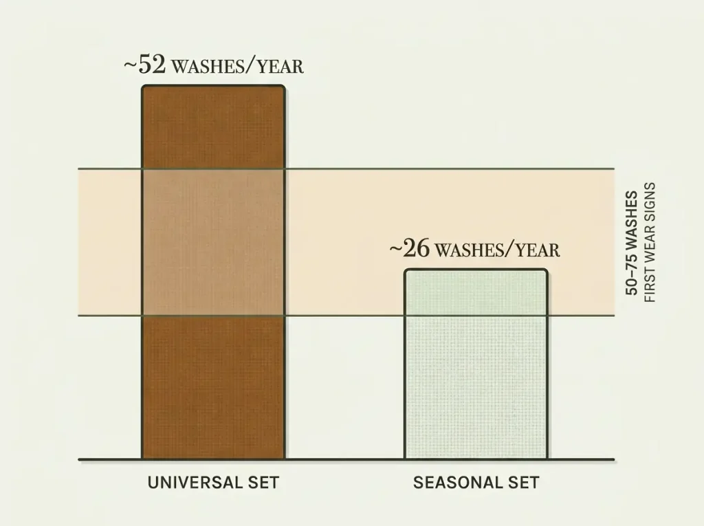 Two-bar chart comparing annual wash count of a universal sheet set against a seasonal set, with a wear-threshold band