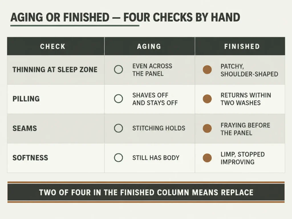 Table comparing aging versus finished bamboo sheets across four hand checks, with the two-of-four replace rule at the bottom