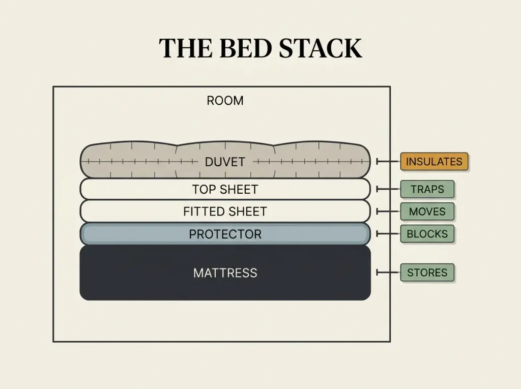 Cross-section diagram of five bed layers from mattress to duvet, each labeled by what it does to heat and moisture, framed by the room