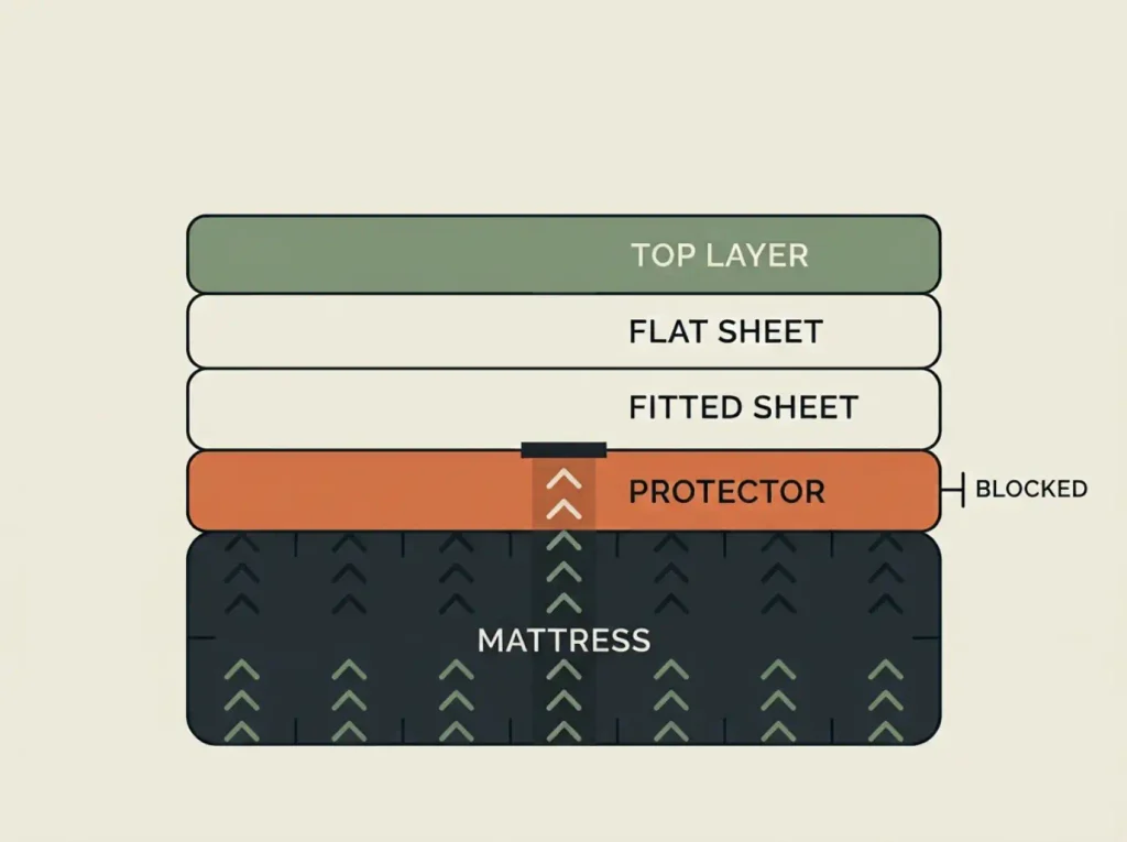 Five-layer bed stack diagram showing airflow blocked at the mattress protector before it reaches the sheets above
