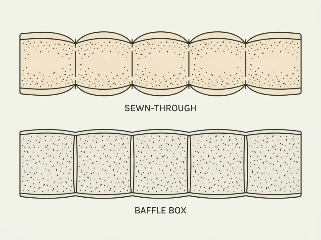 Cross-section comparison of sewn-through and baffle-box comforter edge construction showing where the fill is compressed