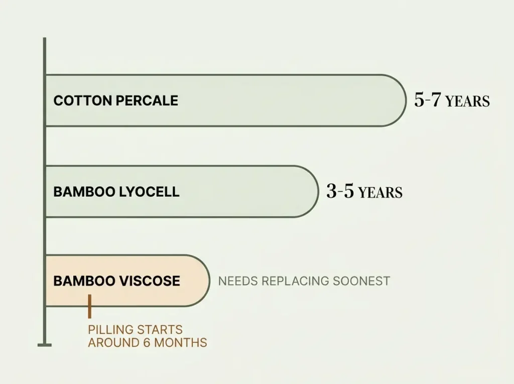Timeline chart comparing service life of cotton percale, bamboo lyocell and bamboo viscose, with pilling onset marked separately from replacement