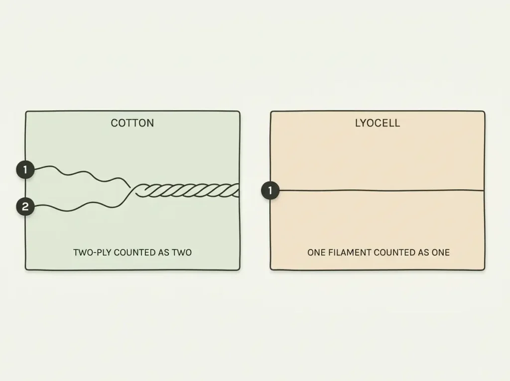 Diagram showing cotton's twisted two-ply thread counted as two against lyocell's single continuous filament counted as one