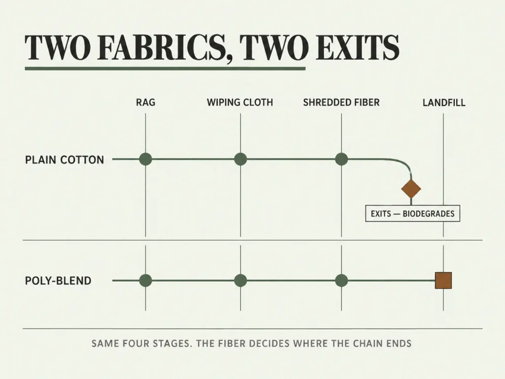 Two-track diagram comparing the end-of-life chain of a plain cotton sheet against a poly-blend sheet, showing where each fabric exits the chain