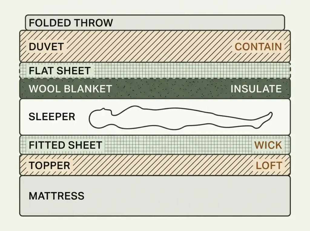 Eight-layer stacked diagram of the correct winter bed order from mattress to folded throw, with each layer's job named