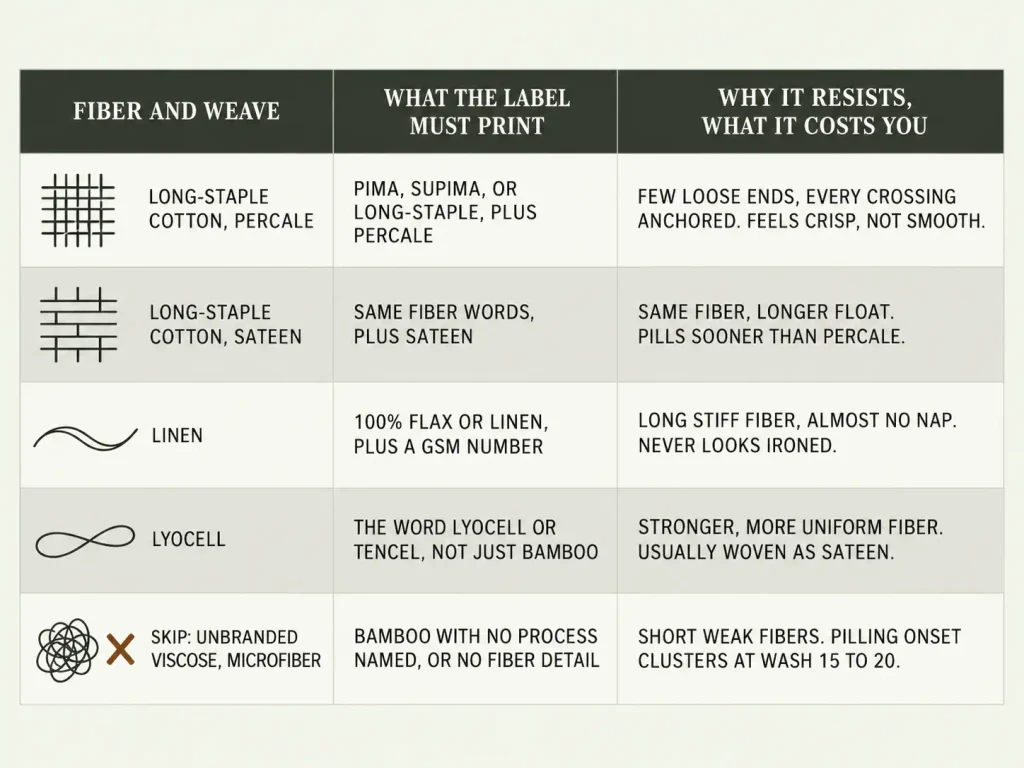 Line-and-weave style comparison chart of five fiber and weave combinations against pilling risk, what the label must print, and the tradeoff