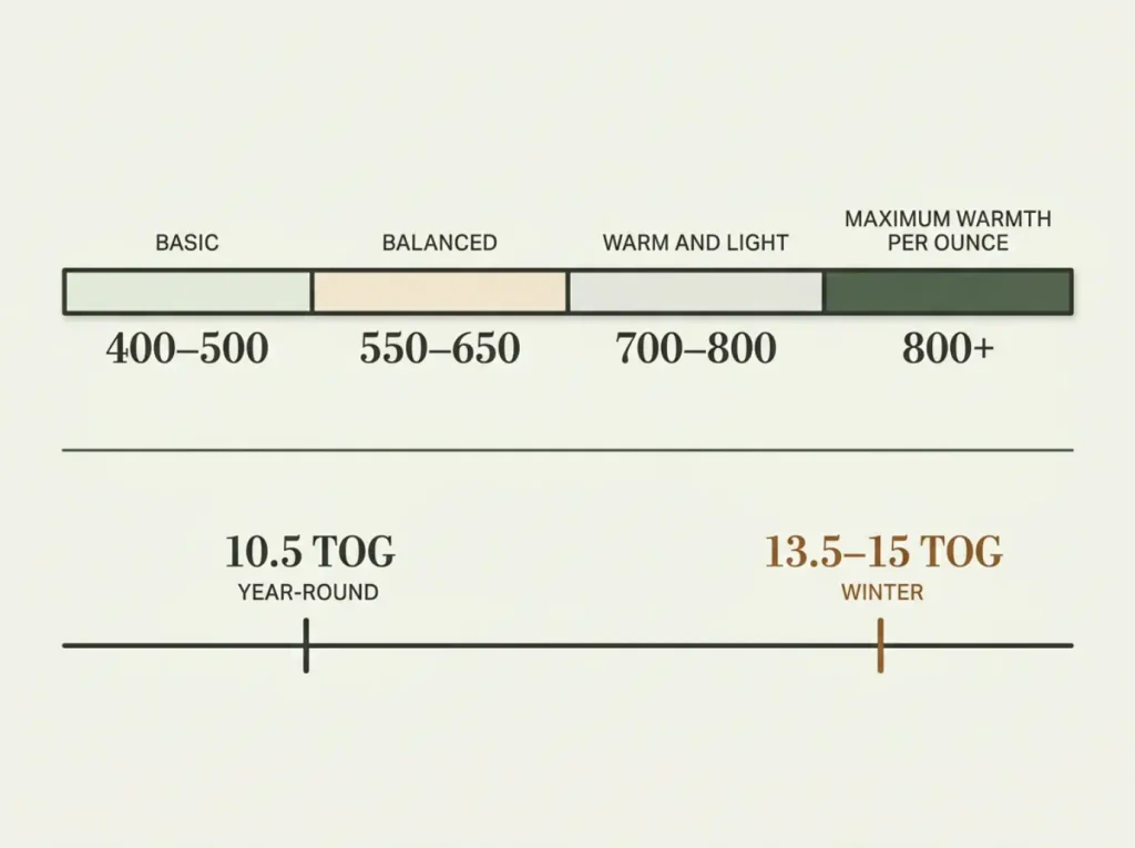 Fill power tier scale and tog scale for choosing a winter duvet, shown as two flat horizontal bars