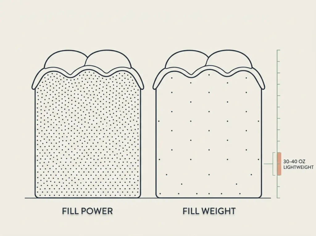 Two comforter cross-sections at the same puffy loft height but different fill density, illustrating fill power versus fill weight