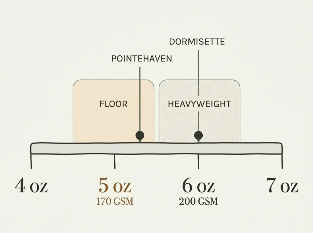 Horizontal weight scale for flannel sheets in ounces per square yard with GSM equivalents and two named sets marked on it