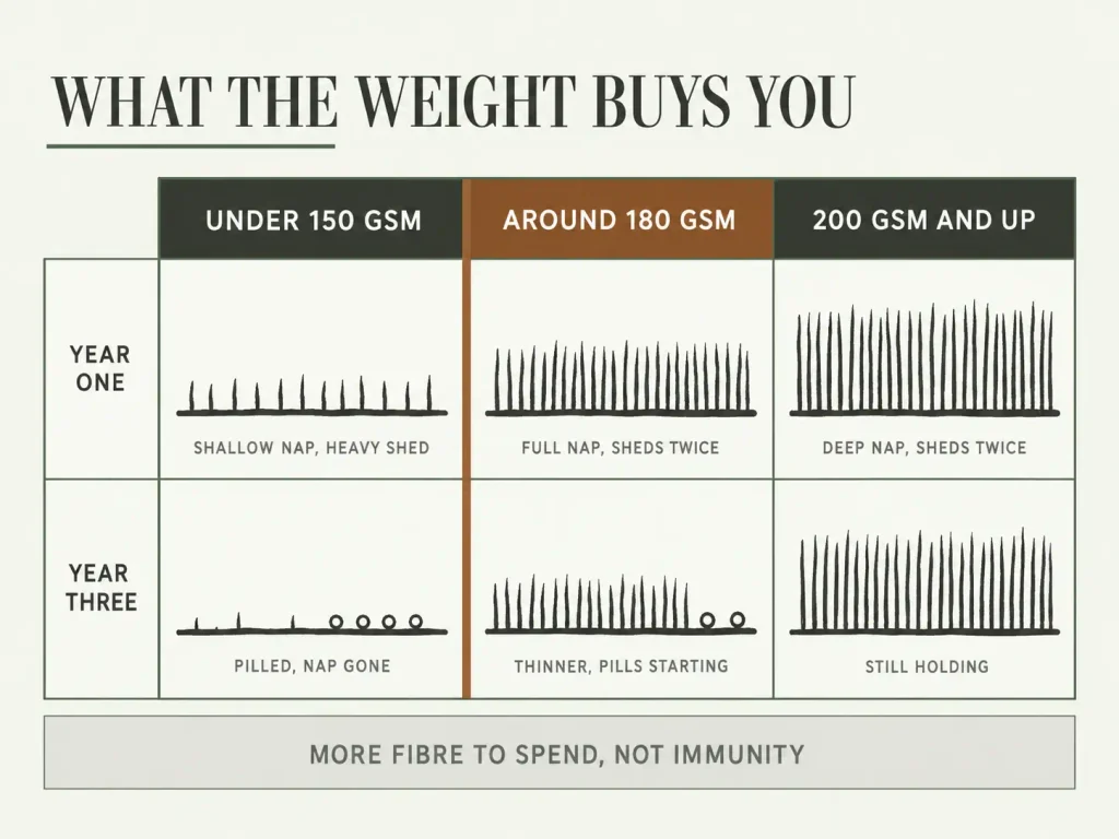 Flannel weight tiers drawn as nap depth in year one and year three, with the mid-weight tier marked as the pick