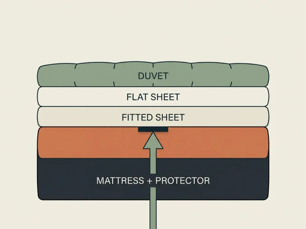 Four-layer bed stack diagram with a single arrow rising from the body and stopping hard at the mattress protector line