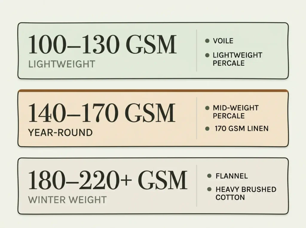 Chart of three GSM weight bands for bedding fabric, from lightweight to winter weight, with matching fabric types