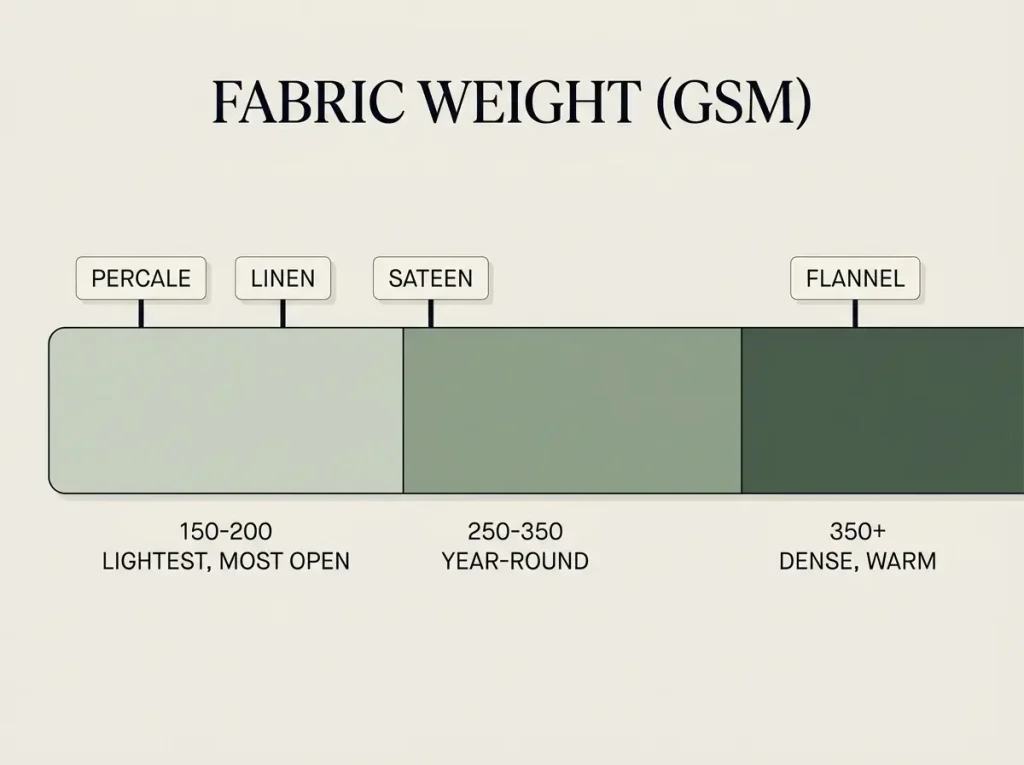 Horizontal band chart of fabric weight in GSM from lightest to warmest, with percale, linen, sateen and flannel placed on the scale