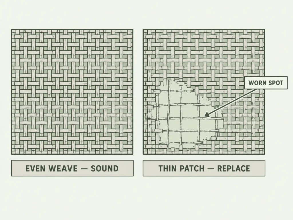 Line-and-weave style two-panel diagram comparing an evenly woven backlit sheet to the same fabric with a lighter, hazier worn patch