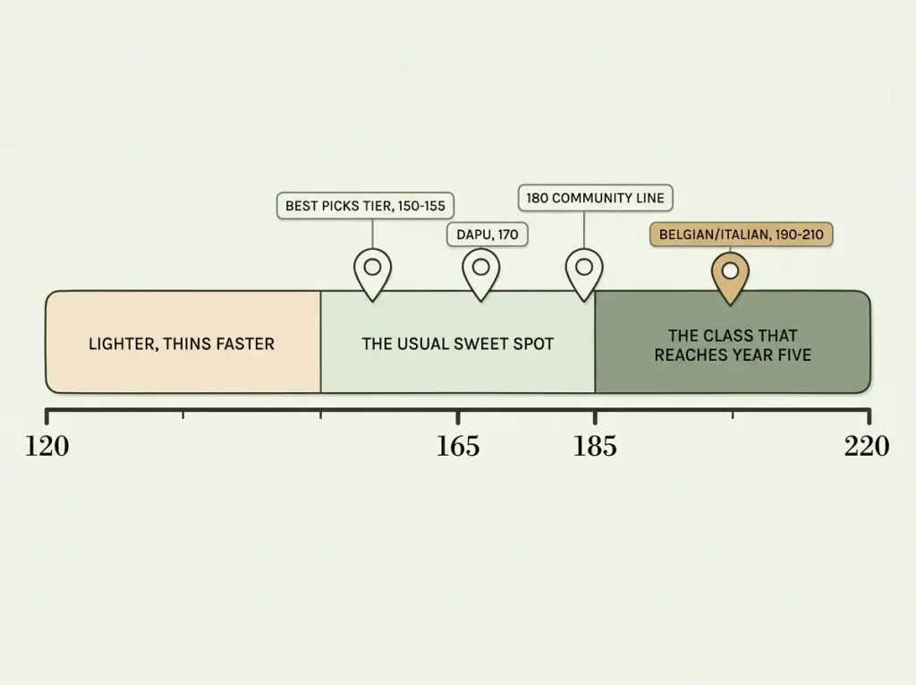 Horizontal GSM scale from 120 to 220 with three durability zones and four reference points plotted for linen sheets