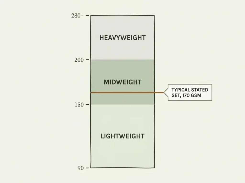 Vertical gauge showing linen weight bands from lightweight to heavyweight with a marker at a typical 170 GSM set