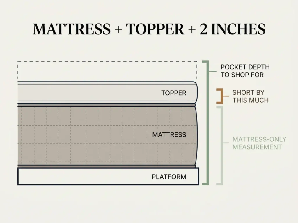 Side-view diagram of a mattress and topper stack comparing the correct pocket-depth bracket to the common mattress-only mistake