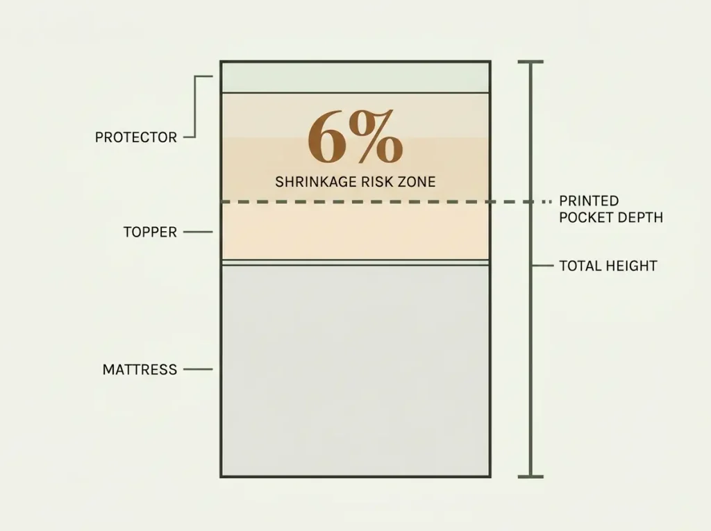 Stacked diagram of a mattress, topper and protector against the printed pocket depth, showing the shrinkage risk zone