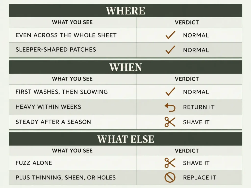 Line-and-weave style decision chart grouping where, when, and what else pilling appears against the verdict — normal, return it, shave it, or replace it