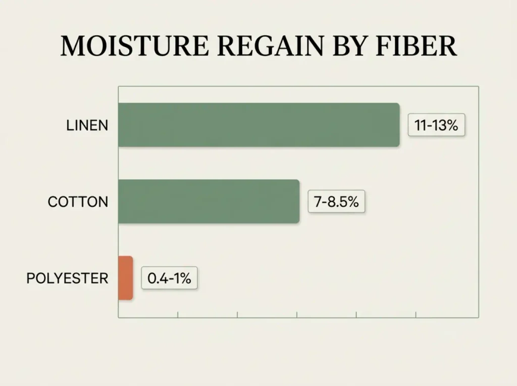 Horizontal bar chart of moisture regain by fiber: linen 11 to 13 percent, cotton 7 to 8.5 percent, polyester 0.4 to 1 percent