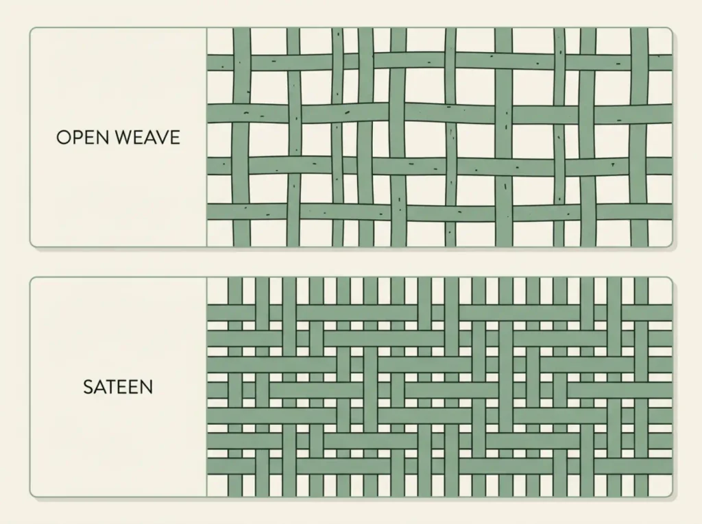 Macro diagram comparing an open, loose plain weave with visible gaps to an unbroken sateen surface