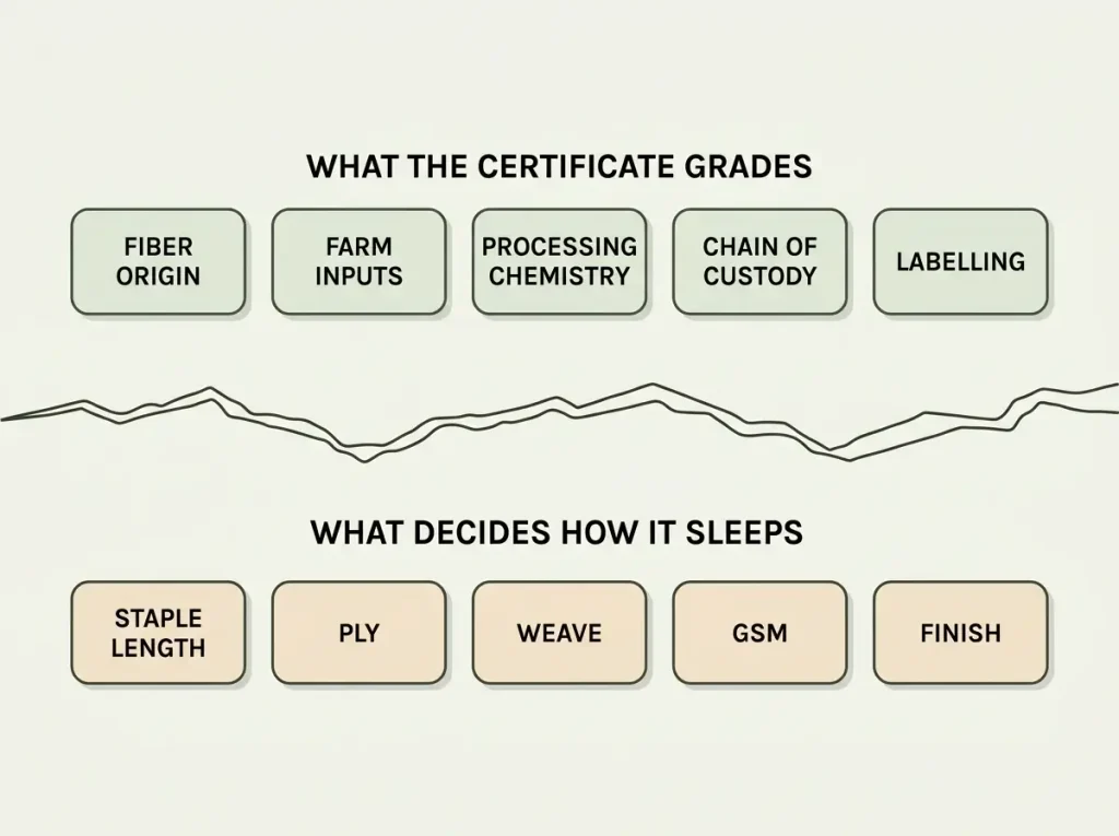 Diagram split by a fault line showing what an organic certificate grades above and what decides how a sheet sleeps below