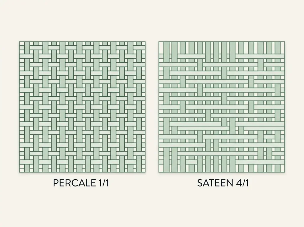 Side-by-side macro diagram of percale's one-over-one weave with visible gaps next to sateen's four-over-one weave with the gaps closed