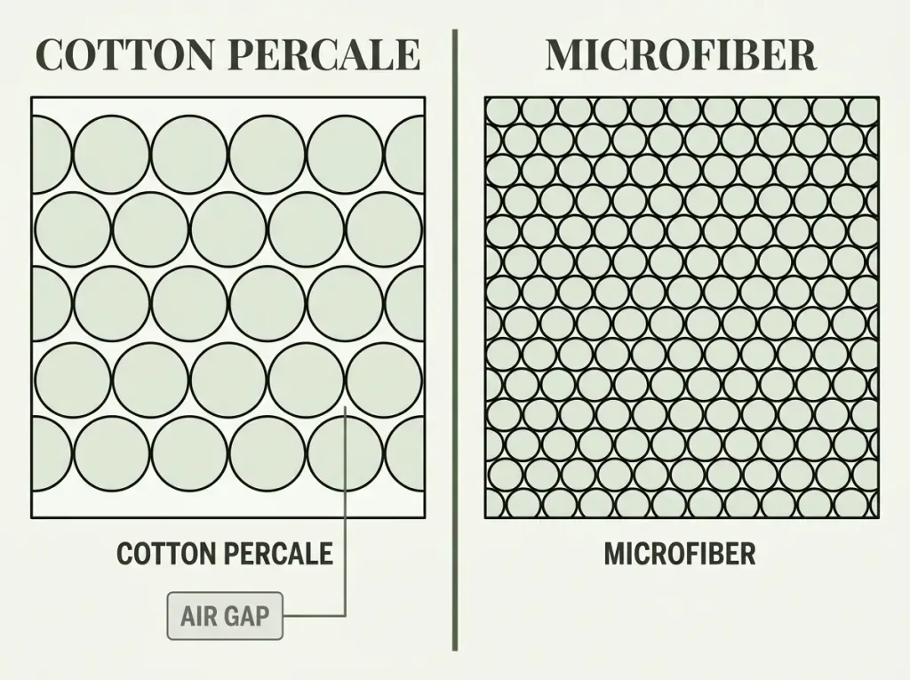 Cross-section diagram comparing cotton percale's open air gaps to microfiber's dense, closed filament packing
