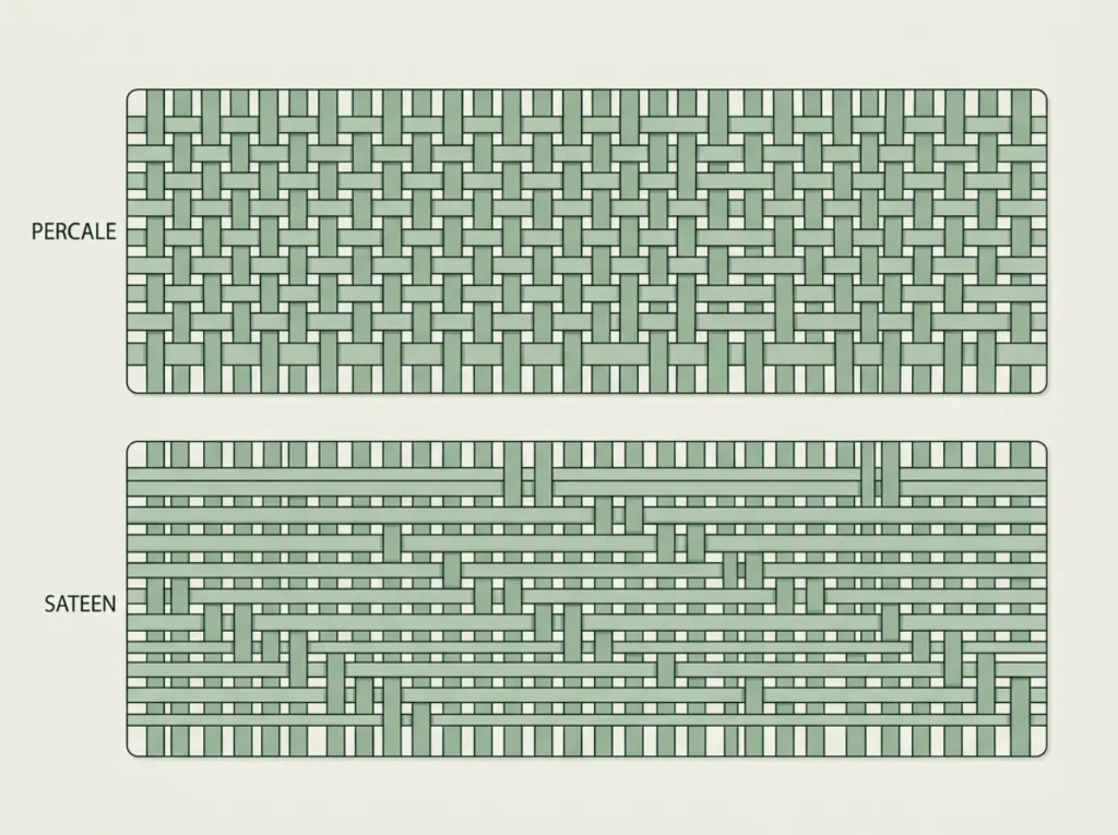 Two panoramic ribbon-shaped macro diagrams comparing percale's open grid to sateen's closed float