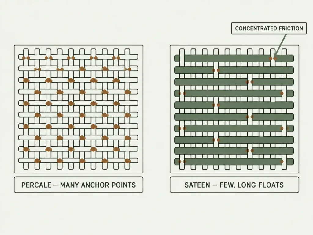 Line-and-weave style diagram comparing percale and sateen weave structures with friction contact points marked on each