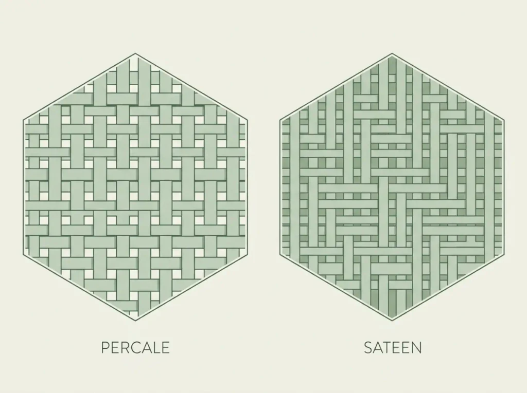 Two hexagonal macro diagrams comparing percale's open grid to sateen's closed float