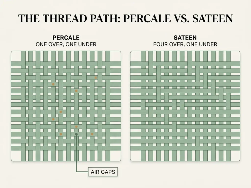 Diagram comparing the percale one-over-one weave to the sateen four-over-one weave, showing where air gaps let air through