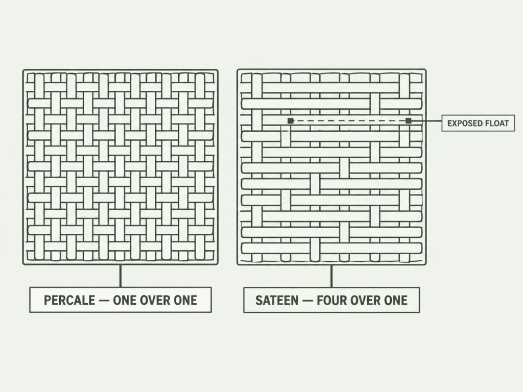 Line-and-weave style macro diagram comparing a percale one-over-one weave to a sateen four-over-one weave with the exposed float length labeled